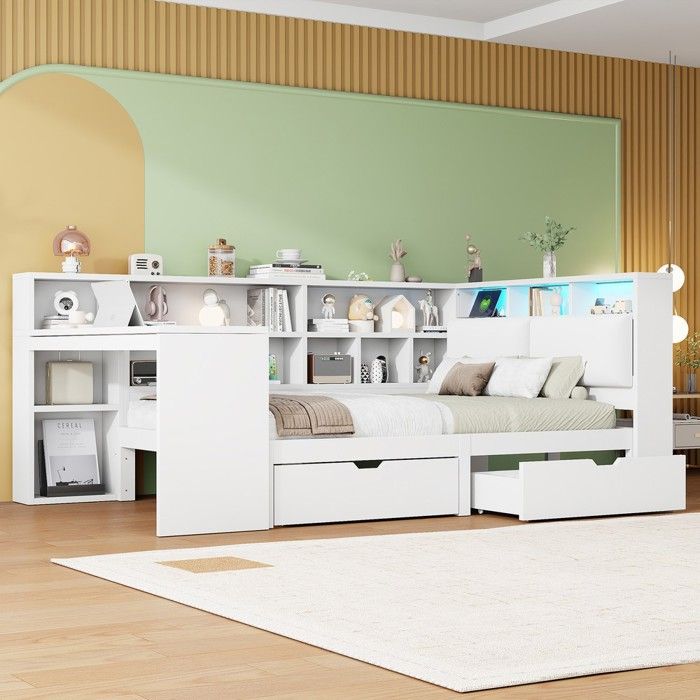 Lit plateforme - Zephmum - 140x200 L bois bureau bibliothèque tête rembourré tiroirs LED blanc