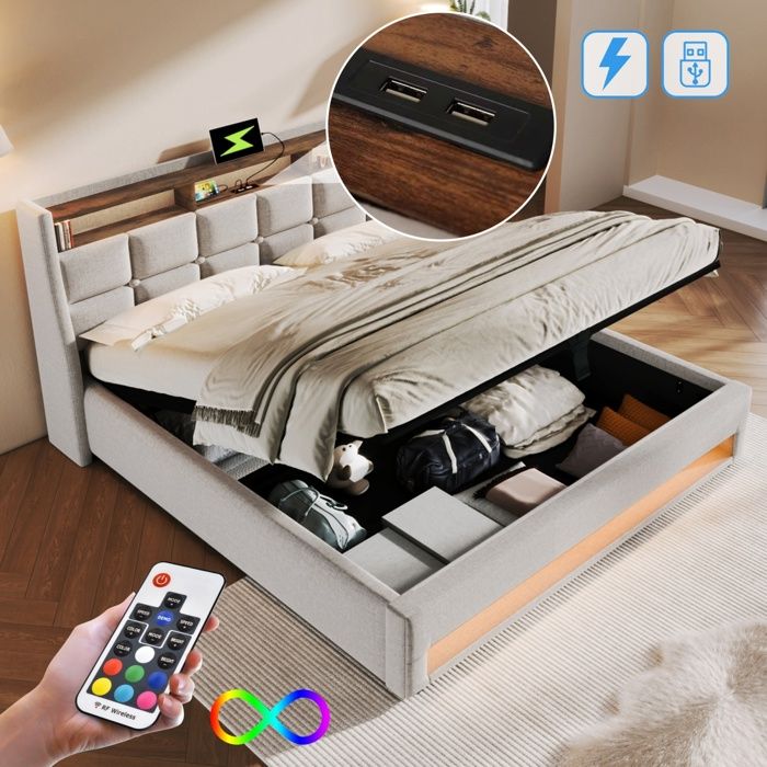 Bladez - Lit coffre 180x200 cm Lit capitonné 2 places avec LED USB rangement style vintage - Beige