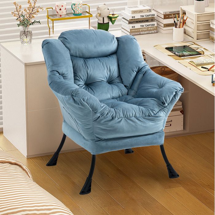 Fauteuil de relaxation 1 place avec poche latérale et appui-tête structure en métal velours bleu clair - UVRION