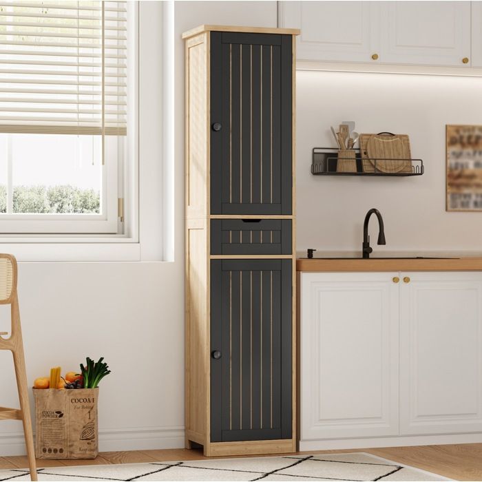 Colonne de rangement cuisine 170 x 40 x 30 cm MDF naturel et noir 2 portes 1 tiroir 4 étagères réglables