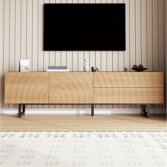 Meuble TV 180 Cm Aspect Bois Naturel Banc TV Scandinave FloraGrace Pour Salon Avec Portes Tiroirs Et Passe-Cables 180x38x51 5cm
