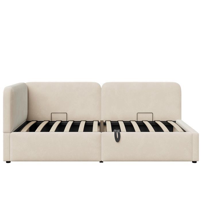 Canapé-lit coffre 90x200 cm –Lit simple 90x200 - Avec Dossier Réversible Modulable et Sommier Relevable Hydraulique -Velours - Beige
