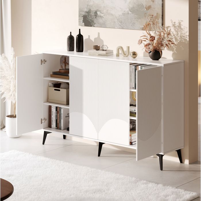 Buffet haut blanc 4 portes avec 2 étagères réglables portes à pression sans poignées pieds métal salon 160×35×100 cm
