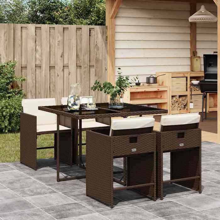 VIDAXL Ensemble Table avec chaises jardin (5 pcs) - ANTI-UV - et coussins - marron poly rotin 110x106x73 cm M2759