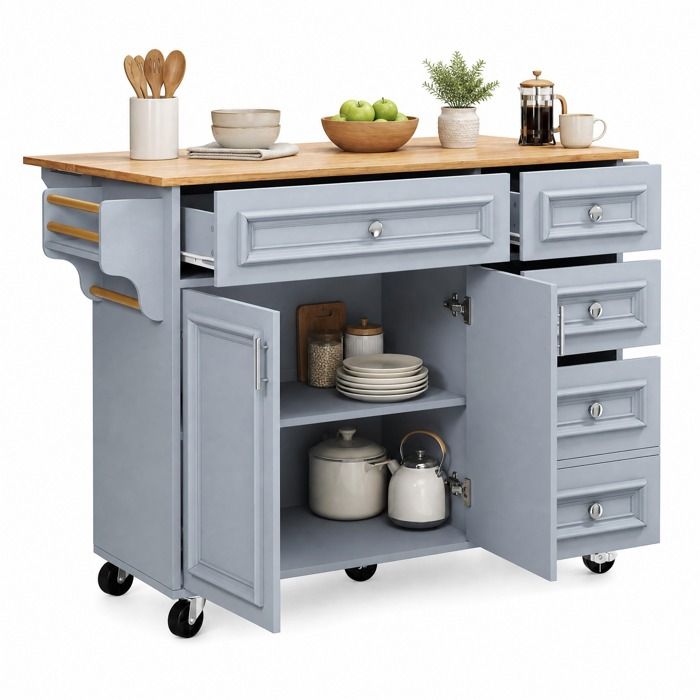 SENVIRO îlot central de cuisine mobile 110 x 45 x 92 cm plateau rabattable 4 tiroirs 2 portes bleu clair