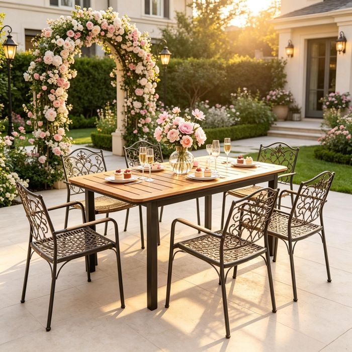 Table à Manger de Jardin pour 6Personnes-127x70cm Marron Table dExtérieur Rectangulaire-Cadre en Métal-Plateau à Lattes