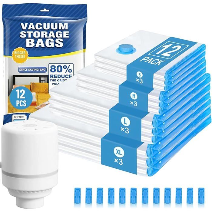 12PCS Sac de Rangement Sous Vide et Pompe Électrique pour Couettes Sac Sous Vide Vetement HOUSSE DE RANGEMENT