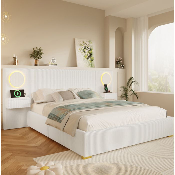 ULEVR Lit rembourré 180x200 cm en velours beige tête de lit LED ports USB tables de chevet intégrées avec tiroirs