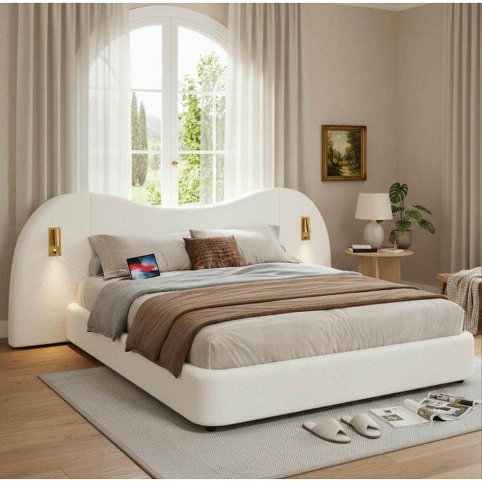 HOMVRA Lit coffre double 180x200 cm en bouclé blanc sommier à lattes lampes de lecture et port USB