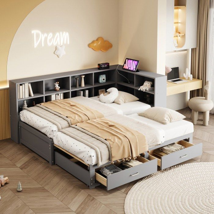 Canapé-lit bois massif gris 90/180×190 cm - couchage extensible rangement tiroirs cadre à lattes prise européenne