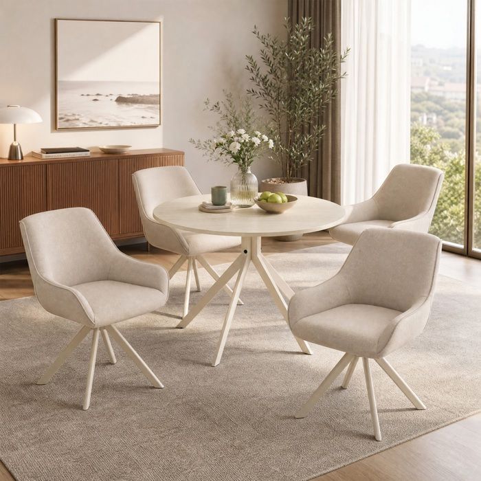 GOEURVANT Ensemble Table Ronde Ø100cm Effet Travertin Plateau Monobloc 4 Chaises Pivotantes 360° Tissu Beige Salle à Manger