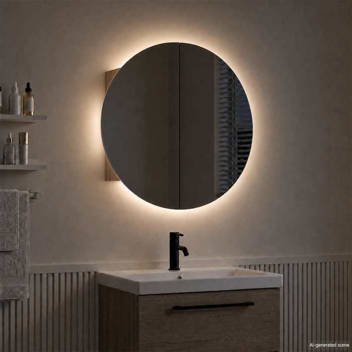 CONFORTHA®Armoire de salle de bain miroir rond et LED Chêne 54x54x17 5 cm - Cabinet de rangement (18732)