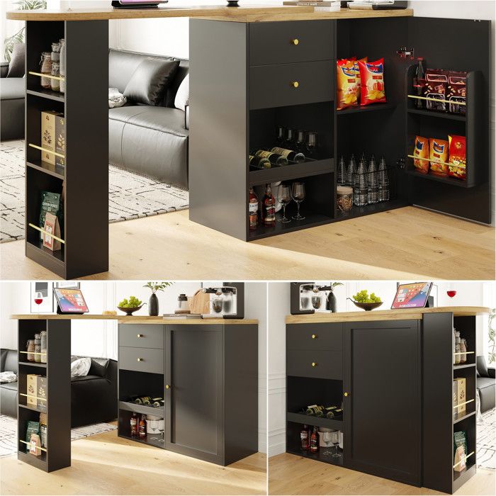 Table de bar pivotante - 105 x 39 x 102 cm - MDF noir - 2 tiroirs + armoire et 3 étagères - Pivot 360°