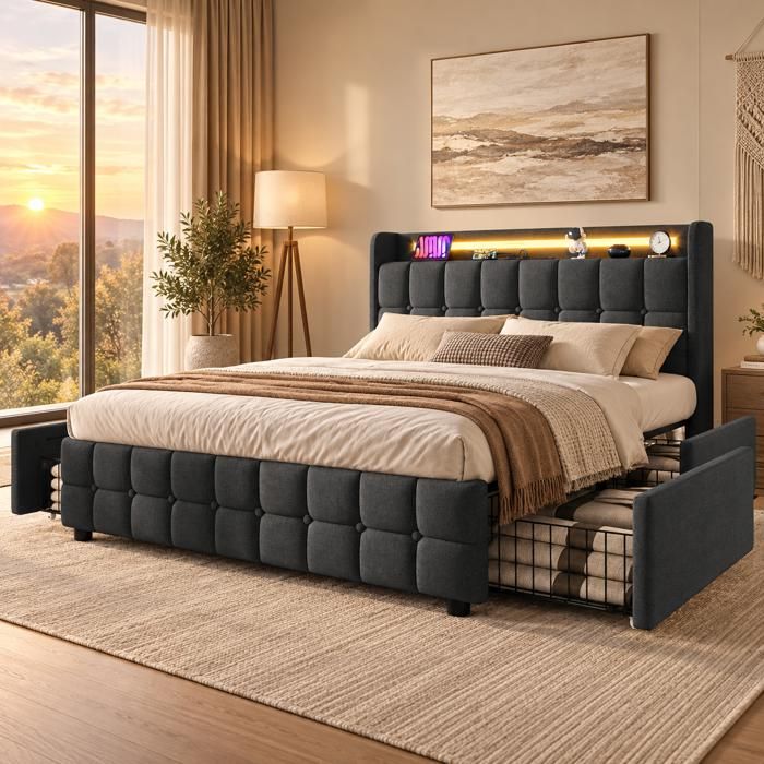 Lit 160x200 CM avec 4 Tiroirs LED et USB Lit Double Adulte avec Sommier à Lattes Tête de Lit Capitonnée Sans Matelas Lin Gris