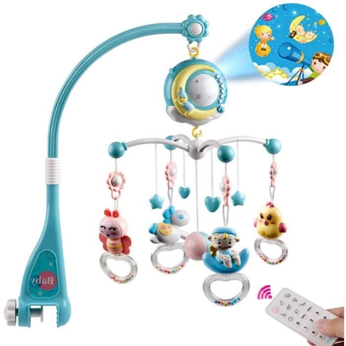 Mobile lit bébé avec musique veilleuse projecteur et cloche - A679 - Bleu