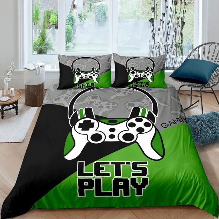 Housse De Couette Gamer 90x190 Cm + Taie D'oreiller 65x65 Cm - Bleu Clair, Microfibre Douce - Parure De Lit 1 Personne Pour Enfant/ado