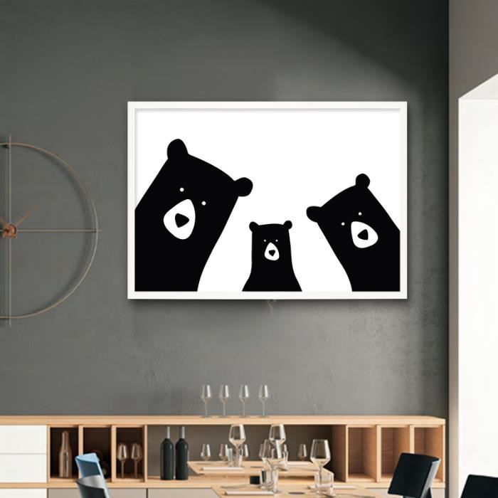 Mignon Ours Famille Animal Toile Peinture Noir Blanc Dessin Anime