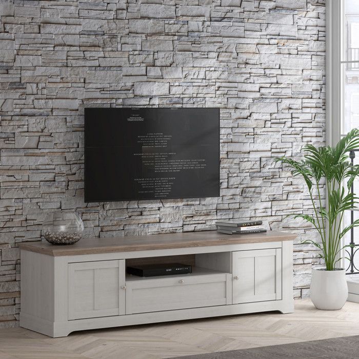 Meuble TV 205 cm 2 portes 1 tiroir décor chêne blanchi - ANGELE Meubletmoi Meuble TV 205 cm 2 portes 1 tiroir décor chêne blanchi - ANGELE Meubletmoi