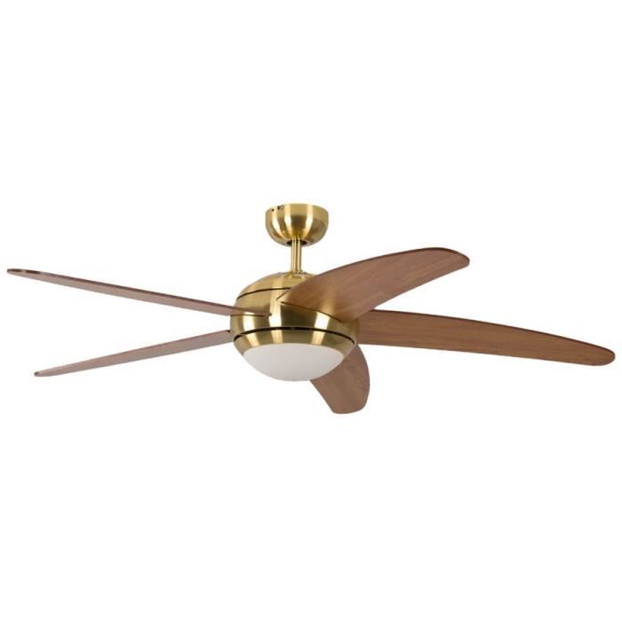 Ventilateur de plafond design silencieux 132 Cm laiton poli pales cerisier avec lampe Pepeo Melton