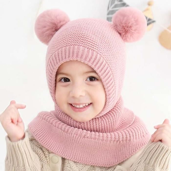 2 à 6 ans - Rose - bonnet d'hiver pour enfants de 2 à 6 ans, bonnet à deux  boules de poils pour garçons et fi