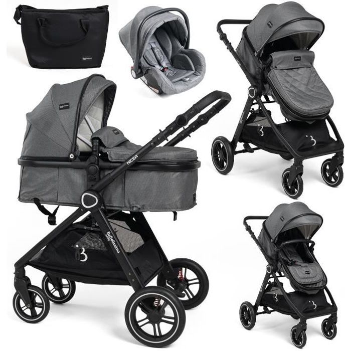 BEBELISSIMO - Poussette combinée trio 3 en 1 - siège auto 0m - nacelle - dès la naissance - jusqu’à 22kg - Nicea - gris