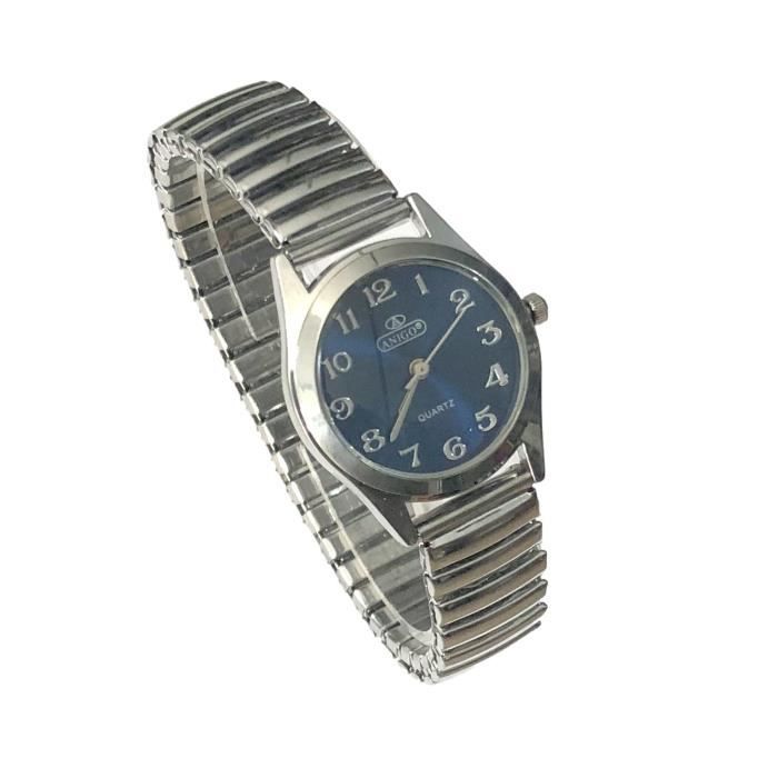montre femme argenté bleu bracelet extensible elastique