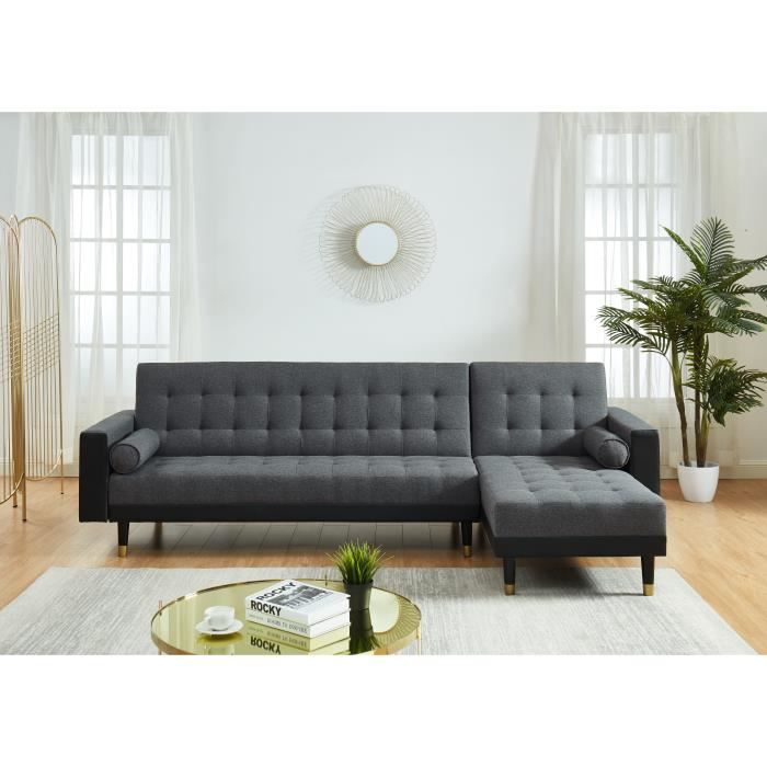 Davenport Canape D Angle Convertible Luxury 5 Places Tissu Gris Et Pu Noir Pieds Or Achat Vente Canape Sofa Divan Cdiscount