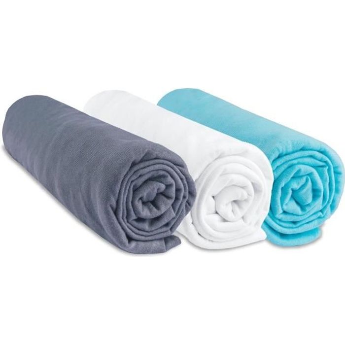 Drap Housse Bébé 70x160 cm en Coton Jersey - Lot de 3 - Gris Blanc Turquoise - Easy Dort - Oeko-Tex