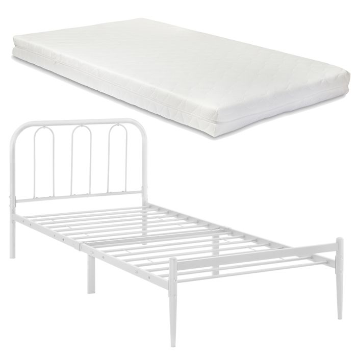 cadre de lit simple en métal hanko avec matelas 90 x 200 cm blanc mat [en.casa] [neu.haus]