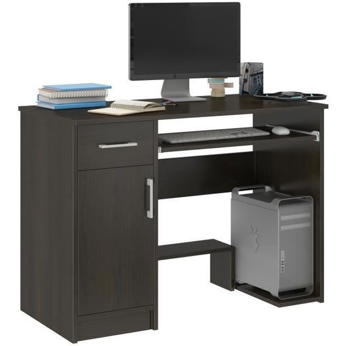 bureau informatique london - hucoco - 90x50x73 cm - support clavier - tiroir - wengé