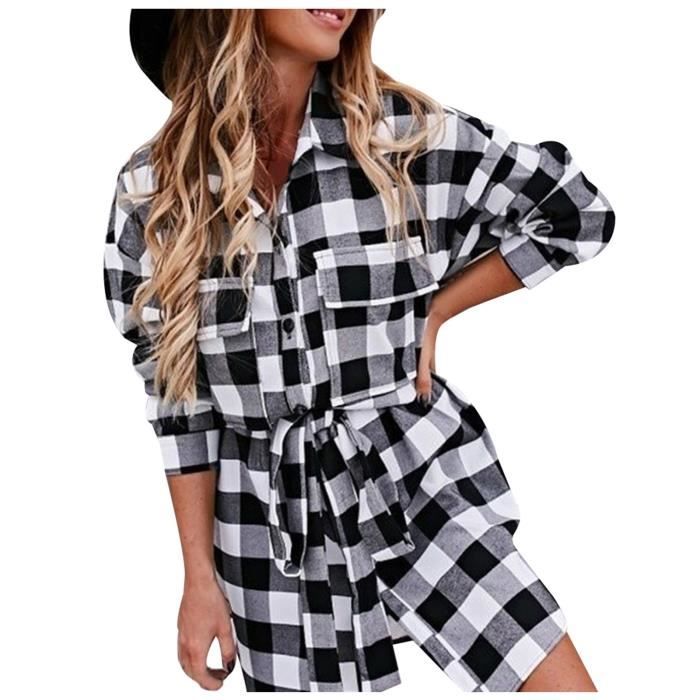 Robe chemise a carreaux a carreaux pour femmes Chemisier a manches longues Robe tartan a carreaux pour femmes si 3971 Blanc Cdiscount Pret a Porter