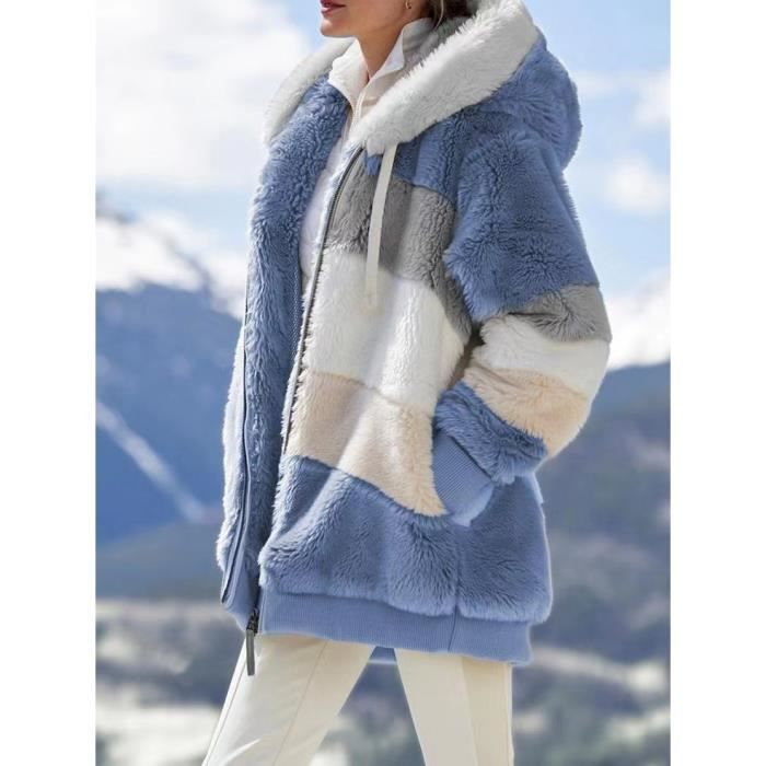 manteau rembourré en peluche contrastant pour femmes, manteau à capuche à fermeture à glissière et coupe ample chaude bleu