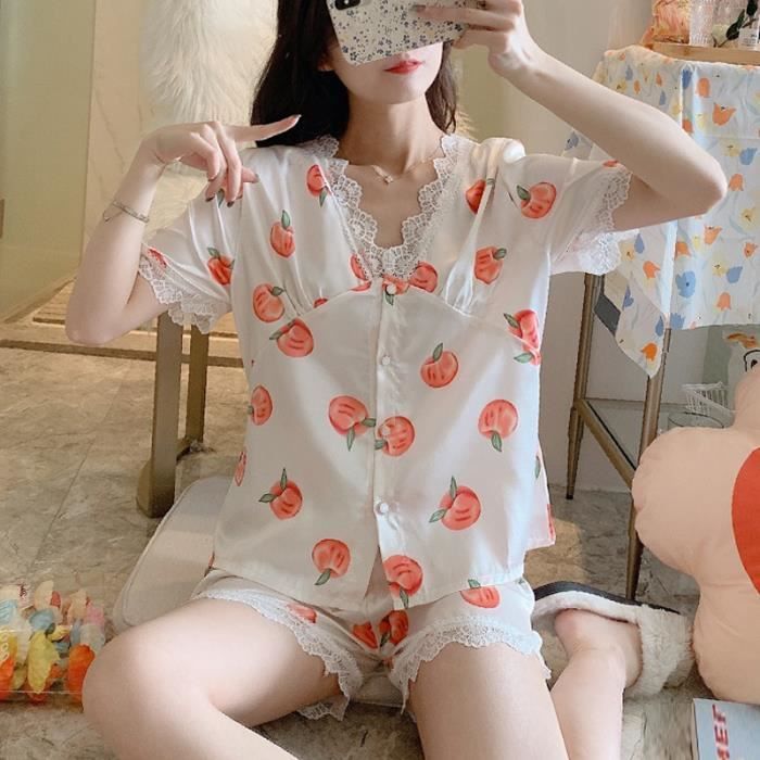 Pyjama Satin Soie Couleur Pêche Avec Haut à Fruits Et Short Taille S - Neuf Sans étiquettes