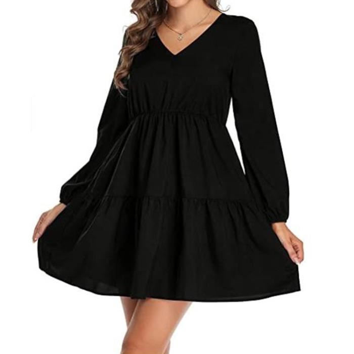 Robe tunique a manches longues pour femme avec col en V Coupe ample Robe Femme Ete Robe de Plage Dos Nu Sexy Robe Florale noir