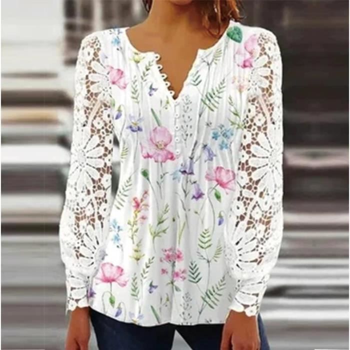 Chemise Chemisier a manches longues en dentelle florale pour femmes chemise vintage bouton col en V broderie Long Sleeve Print 02 Blanc Cdiscount Pret a Porter