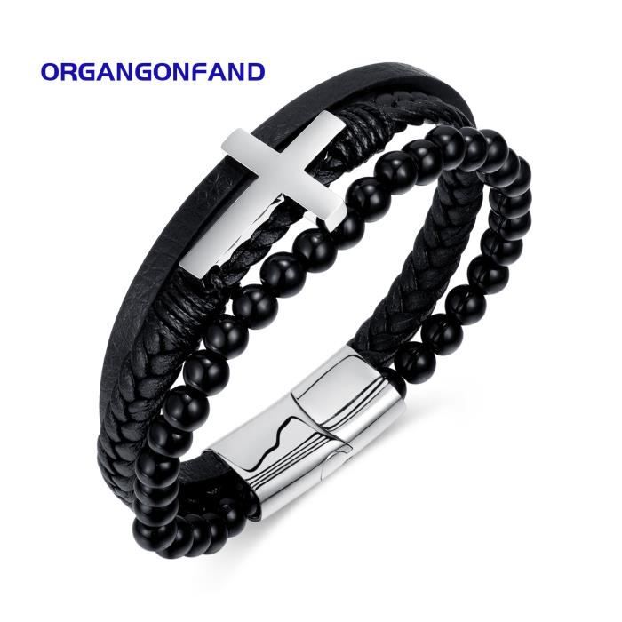 Bracelet homme - croix en acier titane - fermoir magnétique - bracelet en cuir tissé multicouche personnalisé - coffret cadeau