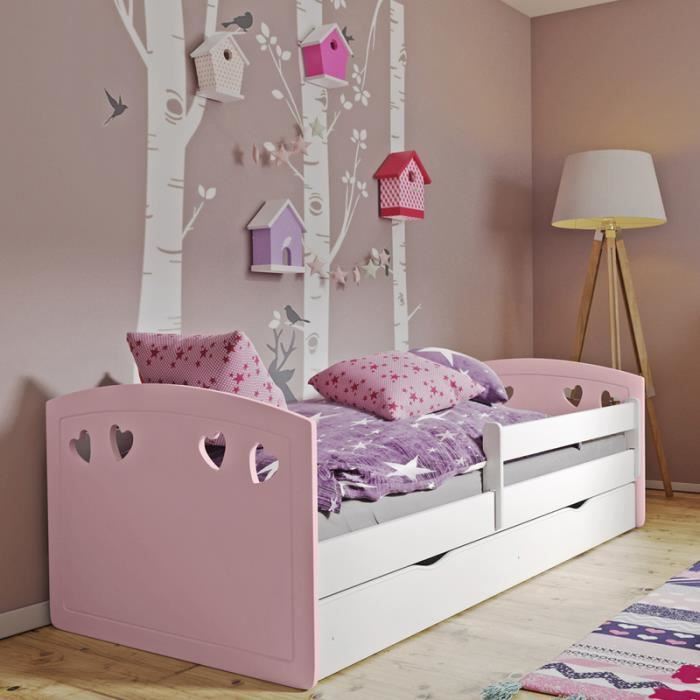 Lit enfant avec barrière de sécurité - DERATA - 180x80 cm - rose poudré /  blanc - avec tiroir de rangement - Cdiscount Maison