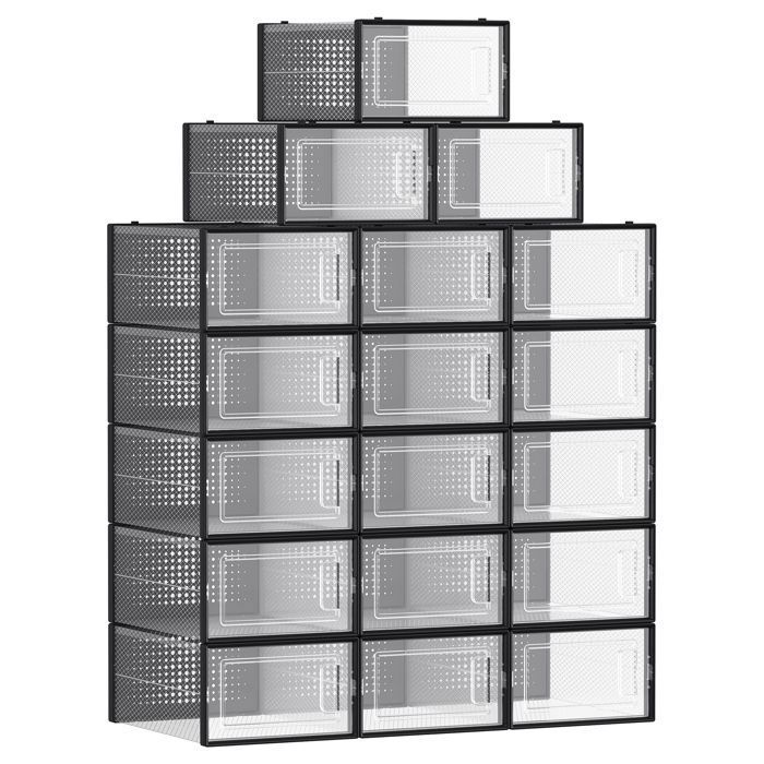 Boîtes à chaussures pliables SONGMICS - Lot de 18 - Transparent et noir - Pour pointure jusquà 42