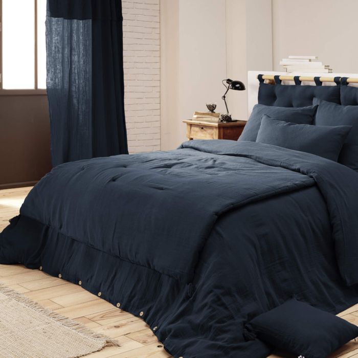 Couvre-lit double gaze de coton marine 150x150 cm - Bleu marine - Terre de Nuit Couvre-lit double gaze de coton marine 150x150 cm - Bleu marine - Terre de Nuit