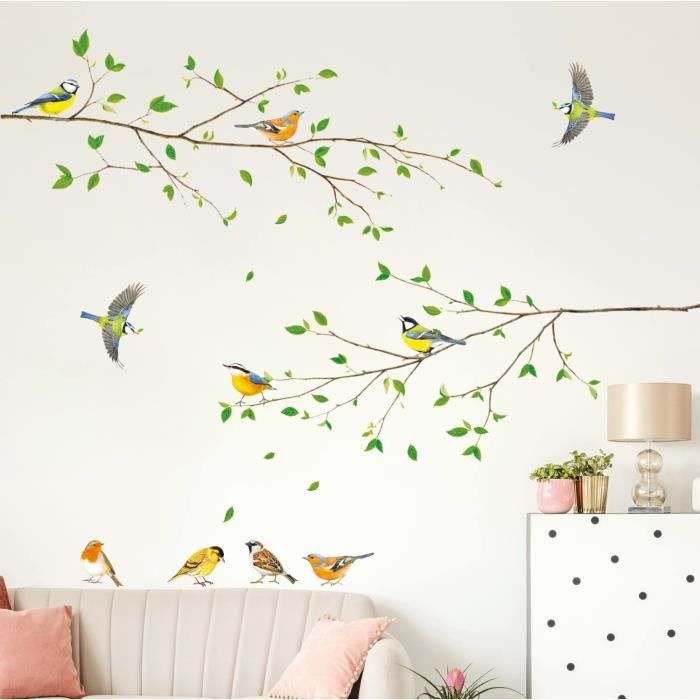 Stickers Muraux Decalmile Branche Fleur Bleue Avec Oiseaux - Déco Enfant Salon, 8 Feuilles