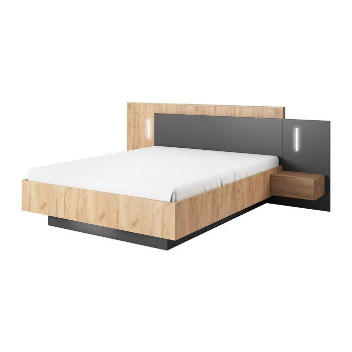 Lit avec chevets 160 x 200 cm - 2 tiroirs - Avec LEDs - Coloris : Naturel et anthracite - FRANCOLI