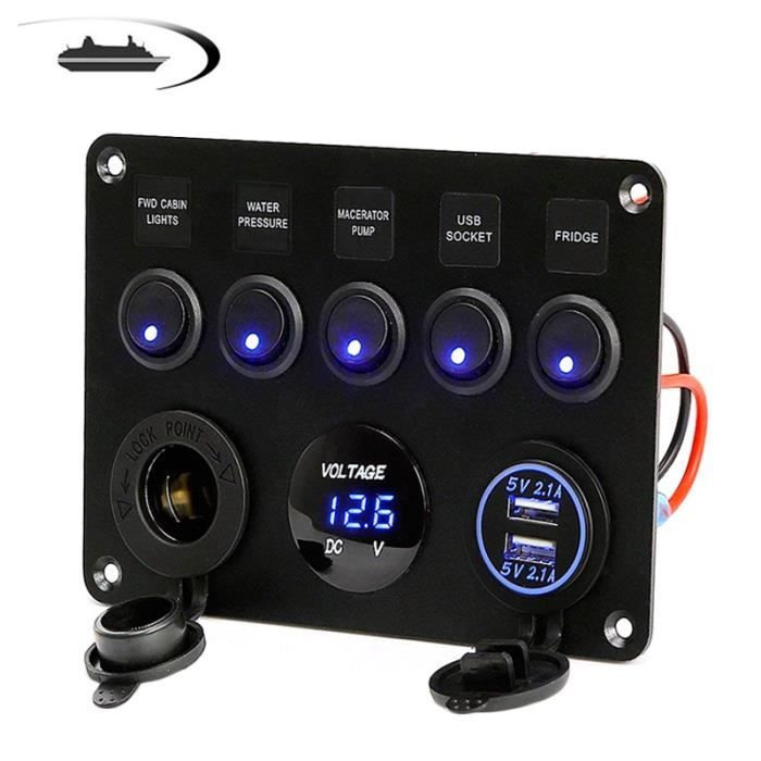 GIDREN Panneau Commutateur 6 Circuits étanche IP65 - Voltmètre Numérique 12V/24V + Double USB Pour Camion & 4x4