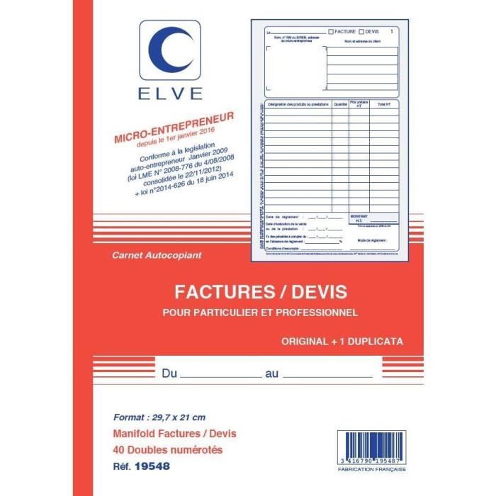 Manifold Auto-Entrepreneur Facture/Devis ELVE - Format A5 Vertical 50 Dupli