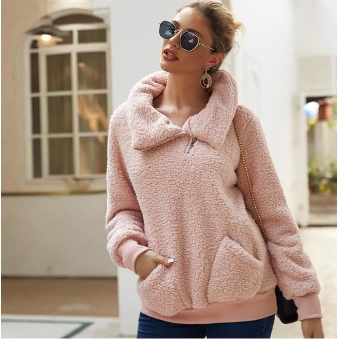 Sweat sans Capuche Femme Pull Peluche a Manches Longues Sweat Polaire Capuche Hiver Chaud Veste Decontracte Sweat Shirt rose
