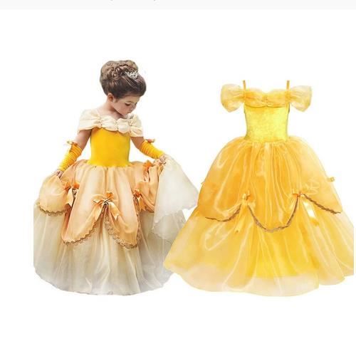 Déguisement Princesse La Belle et la Bête FINDPITAYA Jaune pour Fille -  Tenue Fantaisie de Carnaval sans Manches