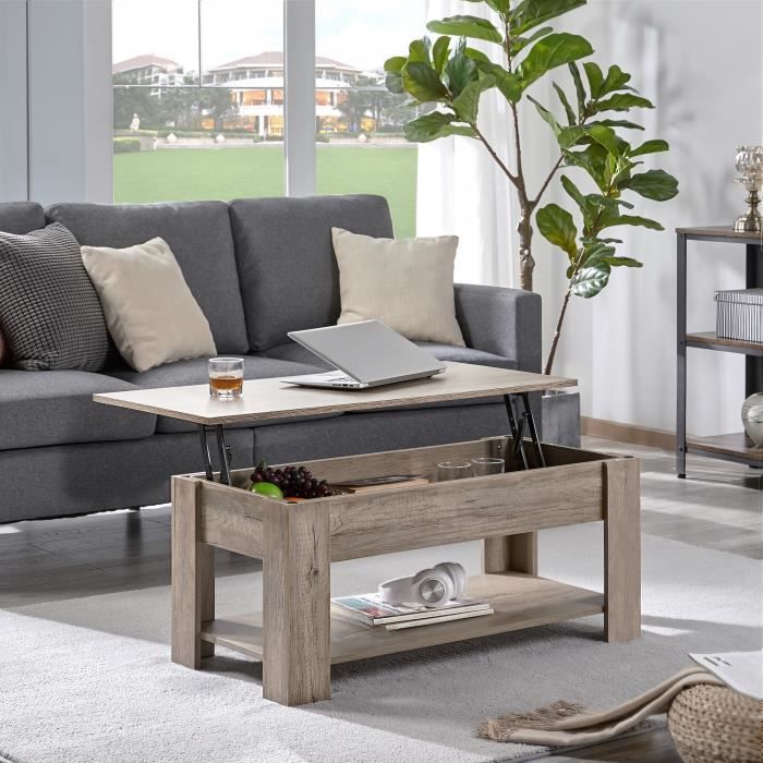 Yaheetech Table Basse Avec Plateau Relevable - Table Salon Moderne Blanc Avec Rangement 98x50x42 Cm