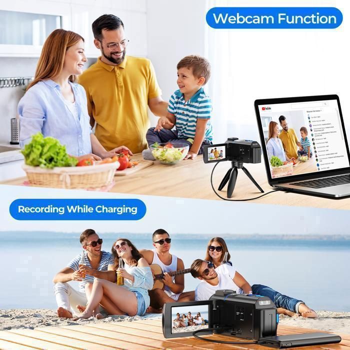Caméscope 4K 48MP Avec Zoom 18X - Écran Rotatif 3 Pouces 270° - Inclut Carte 32 Go, 2 Batteries, Microphone, Télécommande - Pour Vlog, YouTube, Voyages