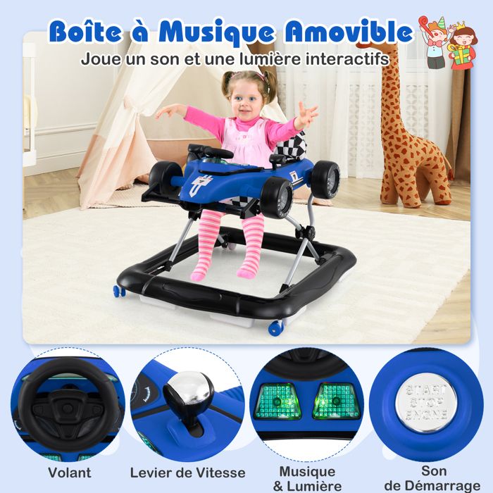 Trotteur Bébé 4 En 1 Réglable Pliable Avec Musique - Siège Marcheur Table Mangeoire 6 Mois+ Noir