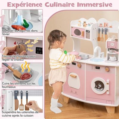 Cuisine D'angle GOPLUS En Bois Pour Enfants 3+ – Hotte Lumineuse, Plaques Sonores, Circulation D'eau, Machine à Glaçons