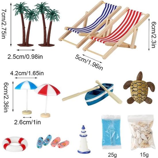 Set 15 Pièces Décor Plage Miniature - Parasols, Chaises, Palmiers - Pour DIY, Aquariums, Maisons De Poupées